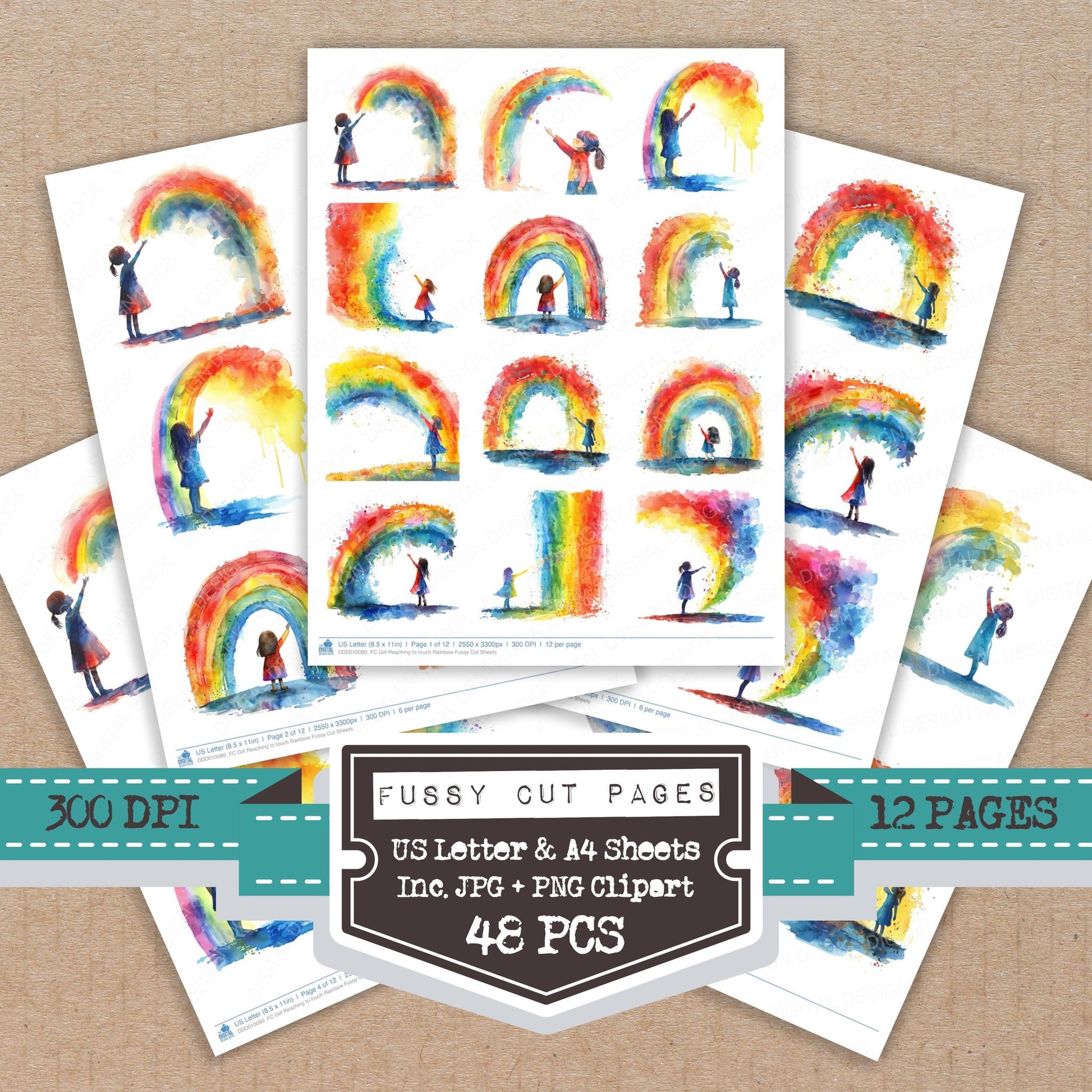 Girl Reaching to touch Rainbow fussy cut printable sheets for junk journaling, scrapbooking, and paper craft projects