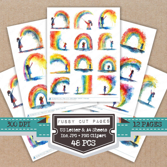 Girl Reaching to touch Rainbow fussy cut printable sheets for junk journaling, scrapbooking, and paper craft projects