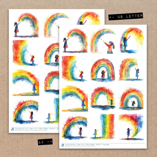 A4 and US Letter format comparison showing Girl Reaching to touch Rainbow fussy cut pages for print and cut crafting