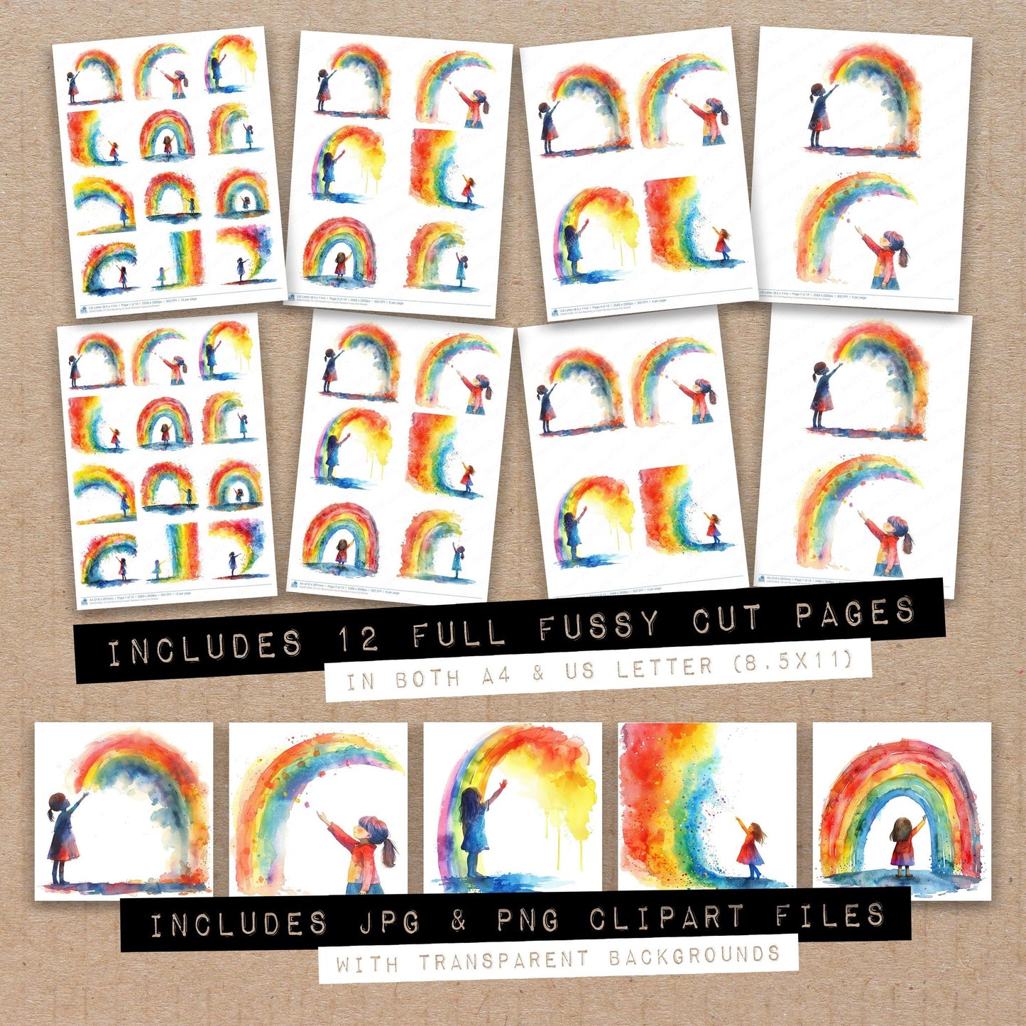 Full collection view of Girl Reaching to touch Rainbow fussy cut sheets with bonus clipart JPG and PNG files
