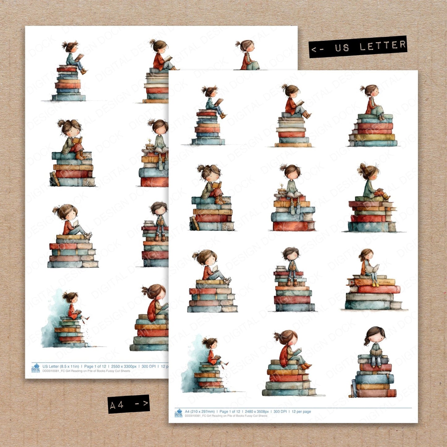 Girl Reading on Pile of Books Fussy Cut Sheets (DDD010081)