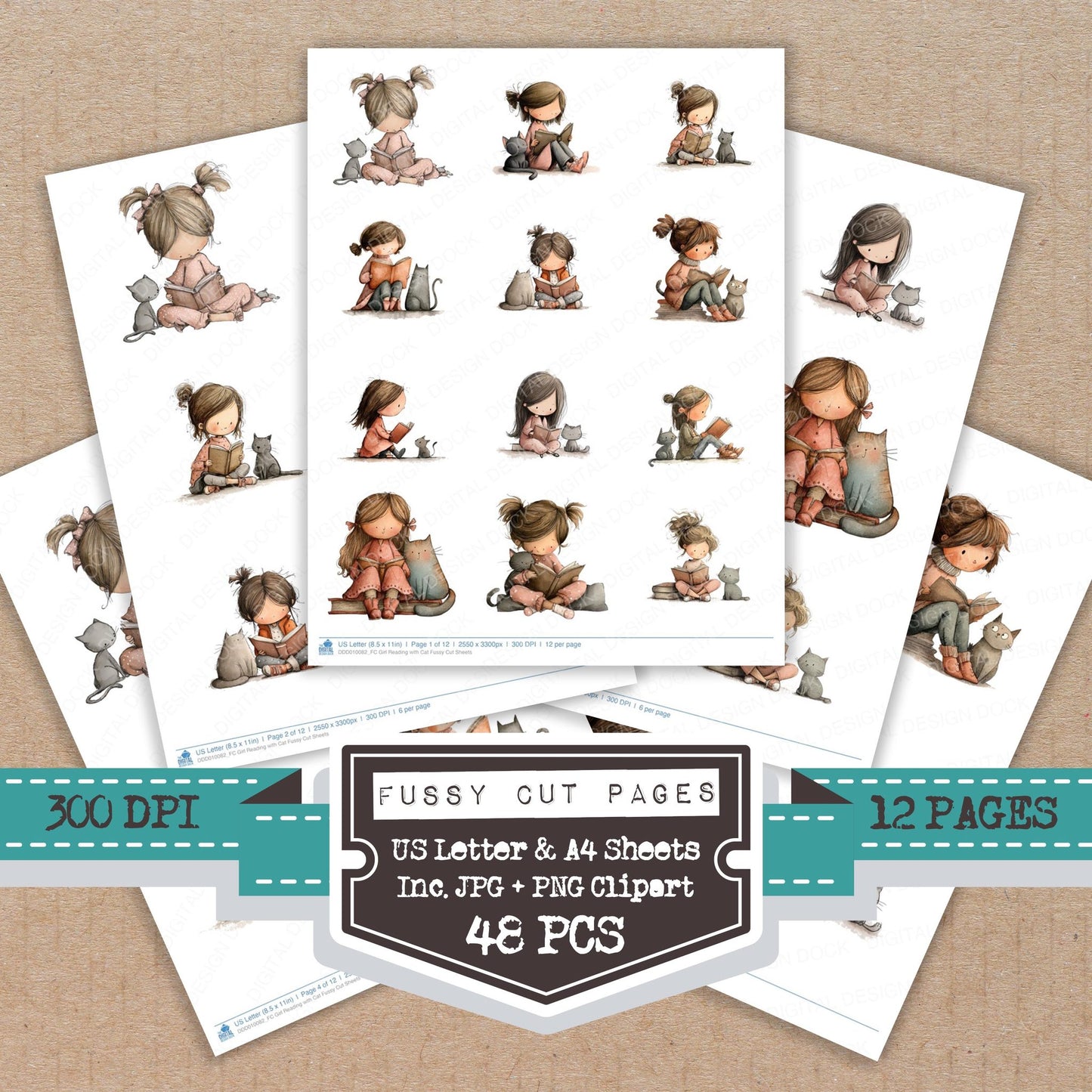 Girl Reading with Cat fussy cut printable sheets for junk journaling, scrapbooking, and paper craft projects