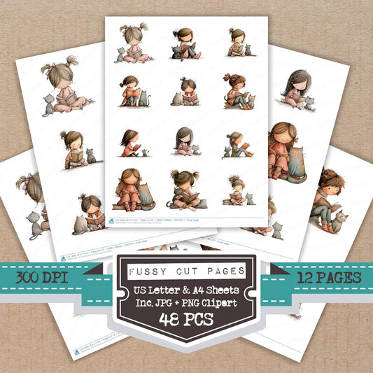 Girl Reading with Cat fussy cut printable sheets for junk journaling, scrapbooking, and paper craft projects