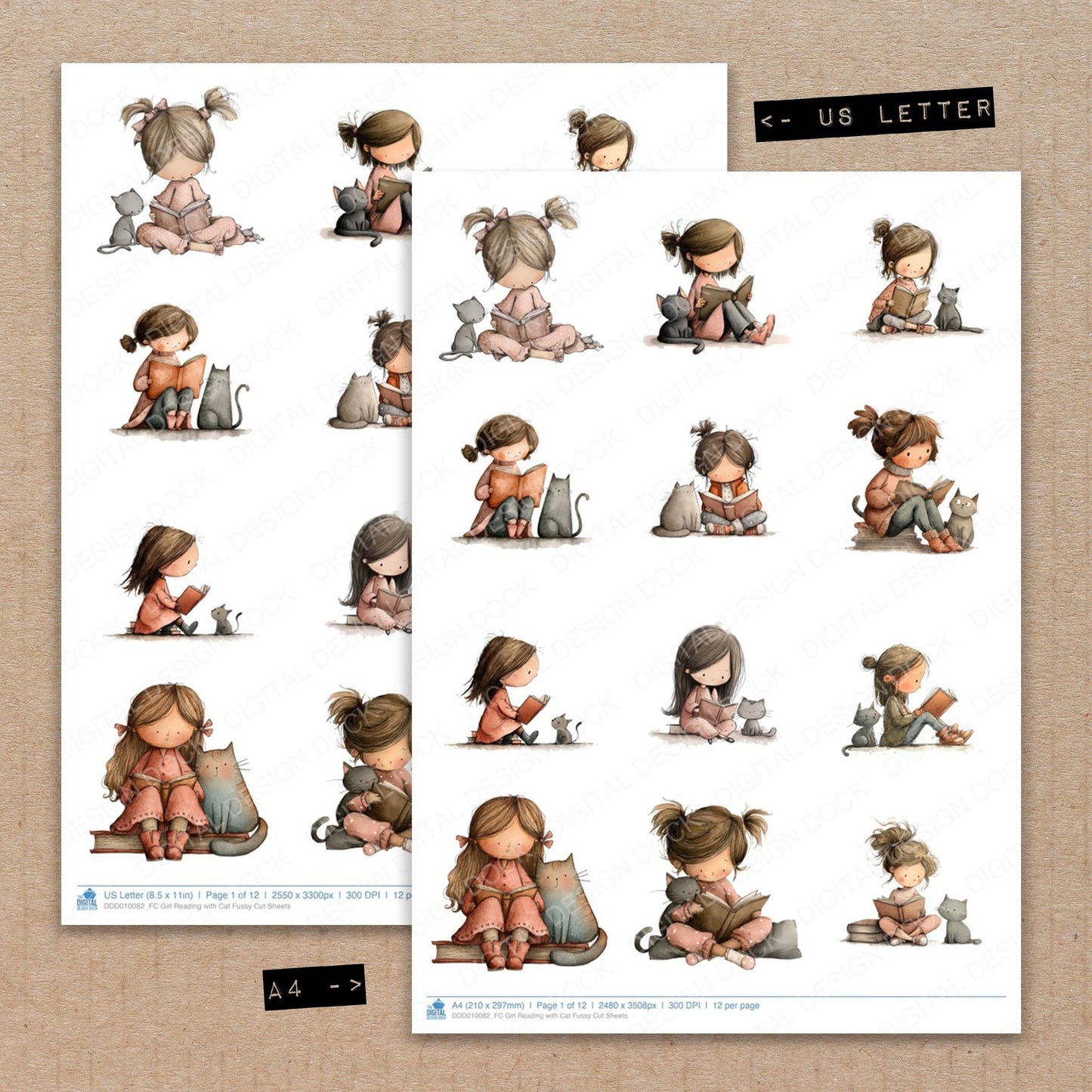 A4 and US Letter format comparison showing Girl Reading with Cat fussy cut pages for print and cut crafting