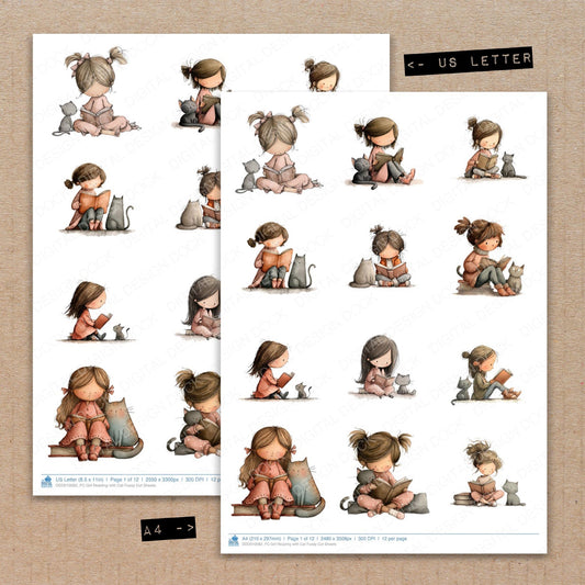 A4 and US Letter format comparison showing Girl Reading with Cat fussy cut pages for print and cut crafting