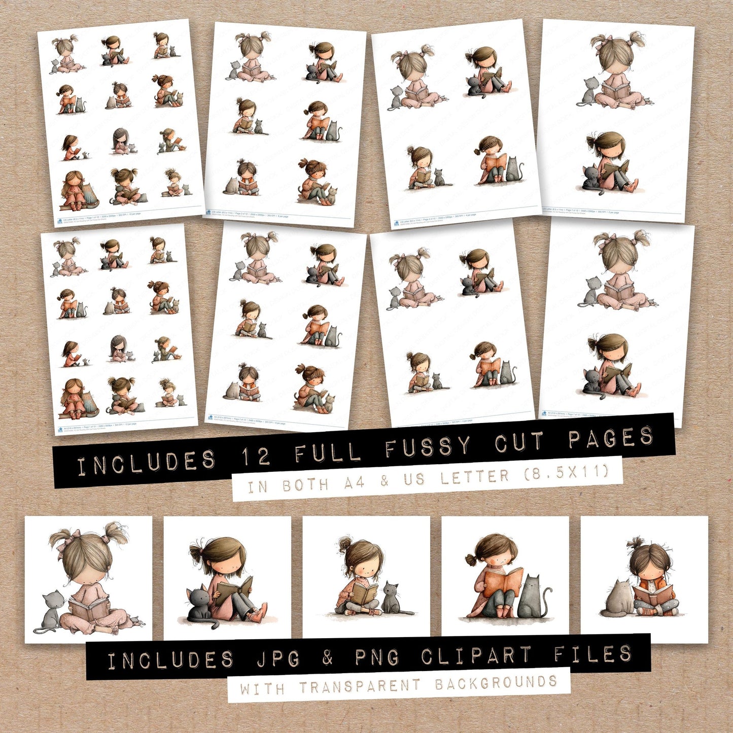 Full collection view of Girl Reading with Cat fussy cut sheets with bonus clipart JPG and PNG files