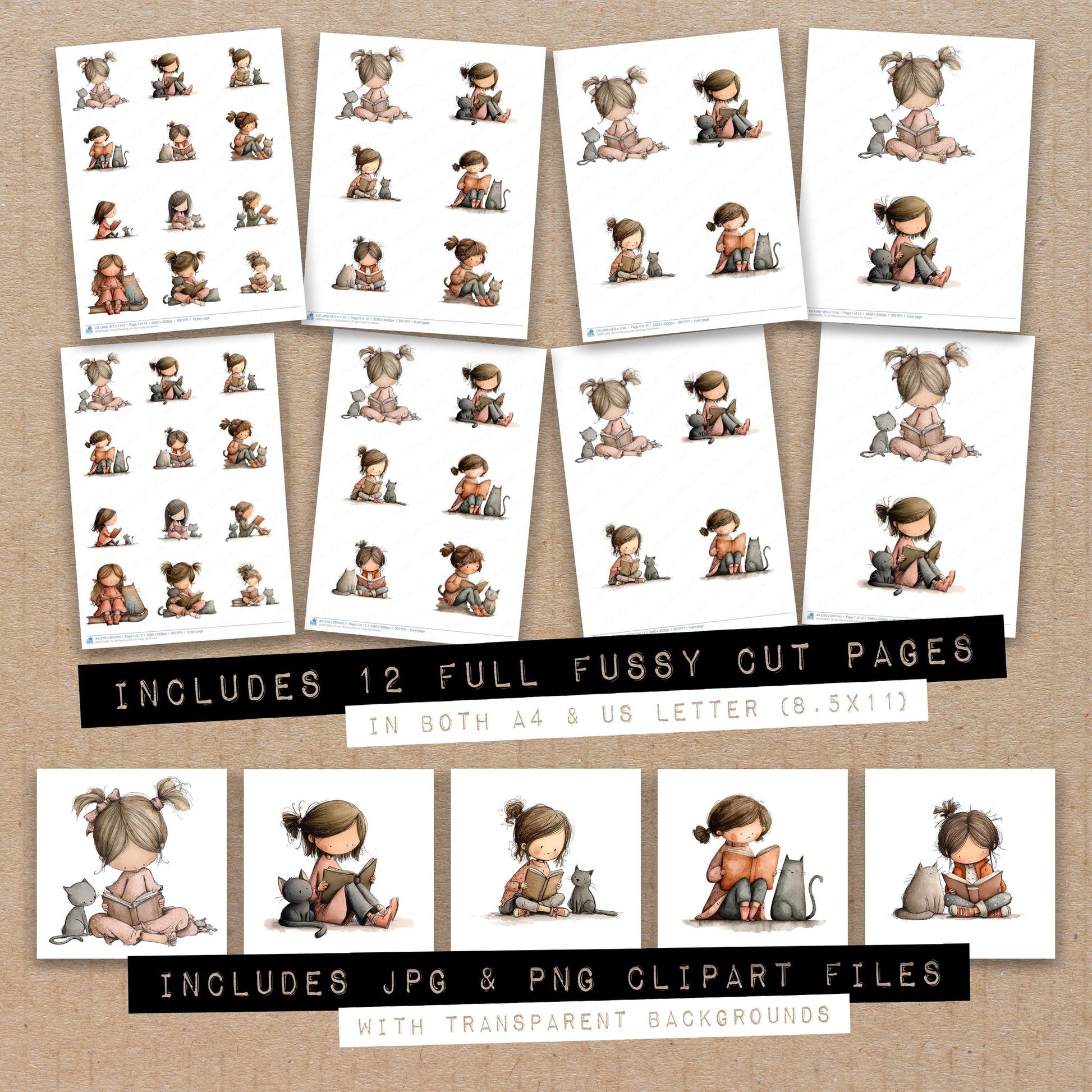 Full collection view of Girl Reading with Cat fussy cut sheets with bonus clipart JPG and PNG files