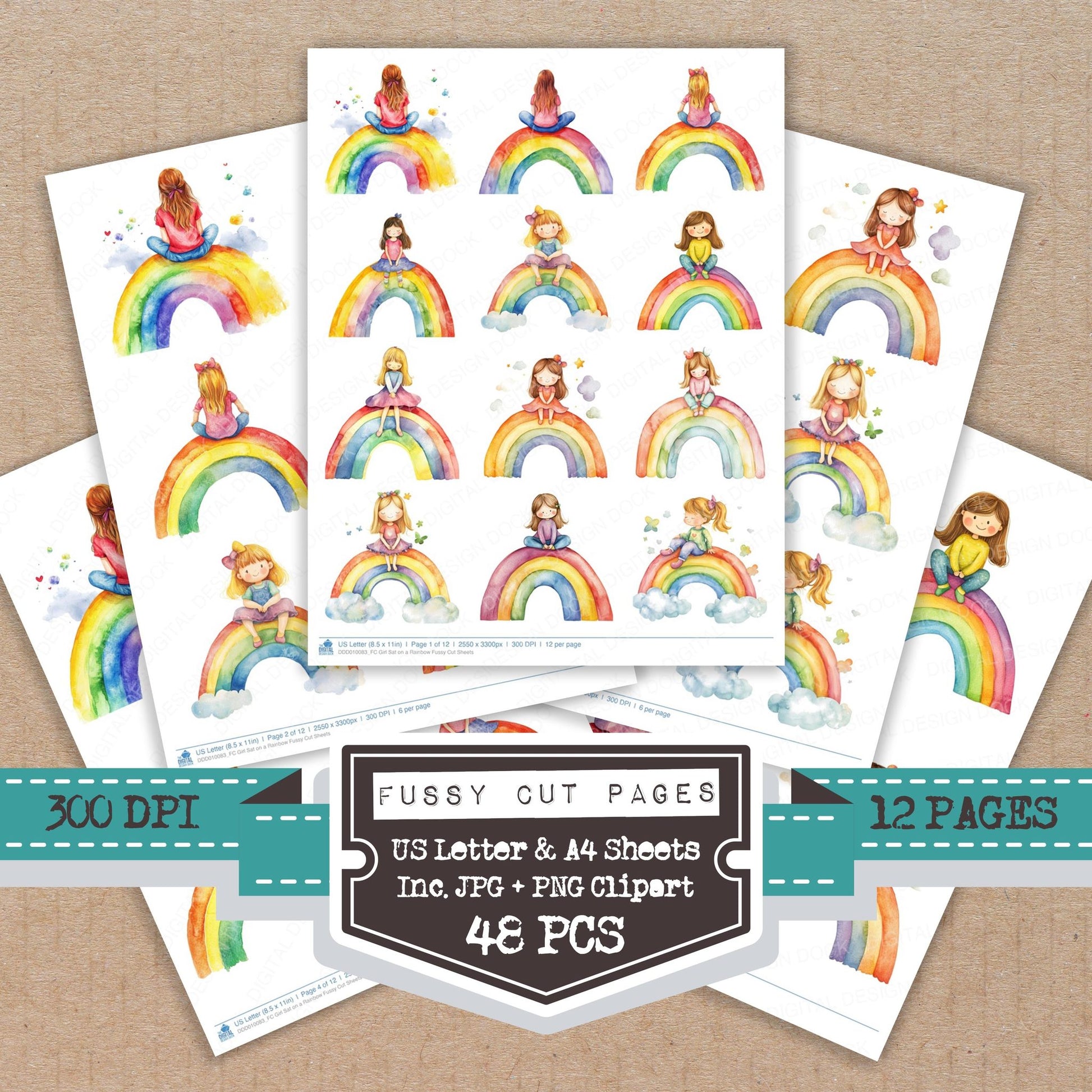 Girl Sat on a Rainbow fussy cut printable sheets for junk journaling, scrapbooking, and paper craft projects