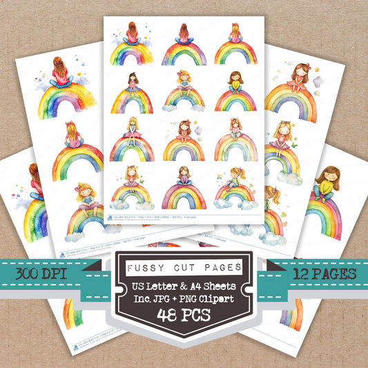 Girl Sat on a Rainbow fussy cut printable sheets for junk journaling, scrapbooking, and paper craft projects