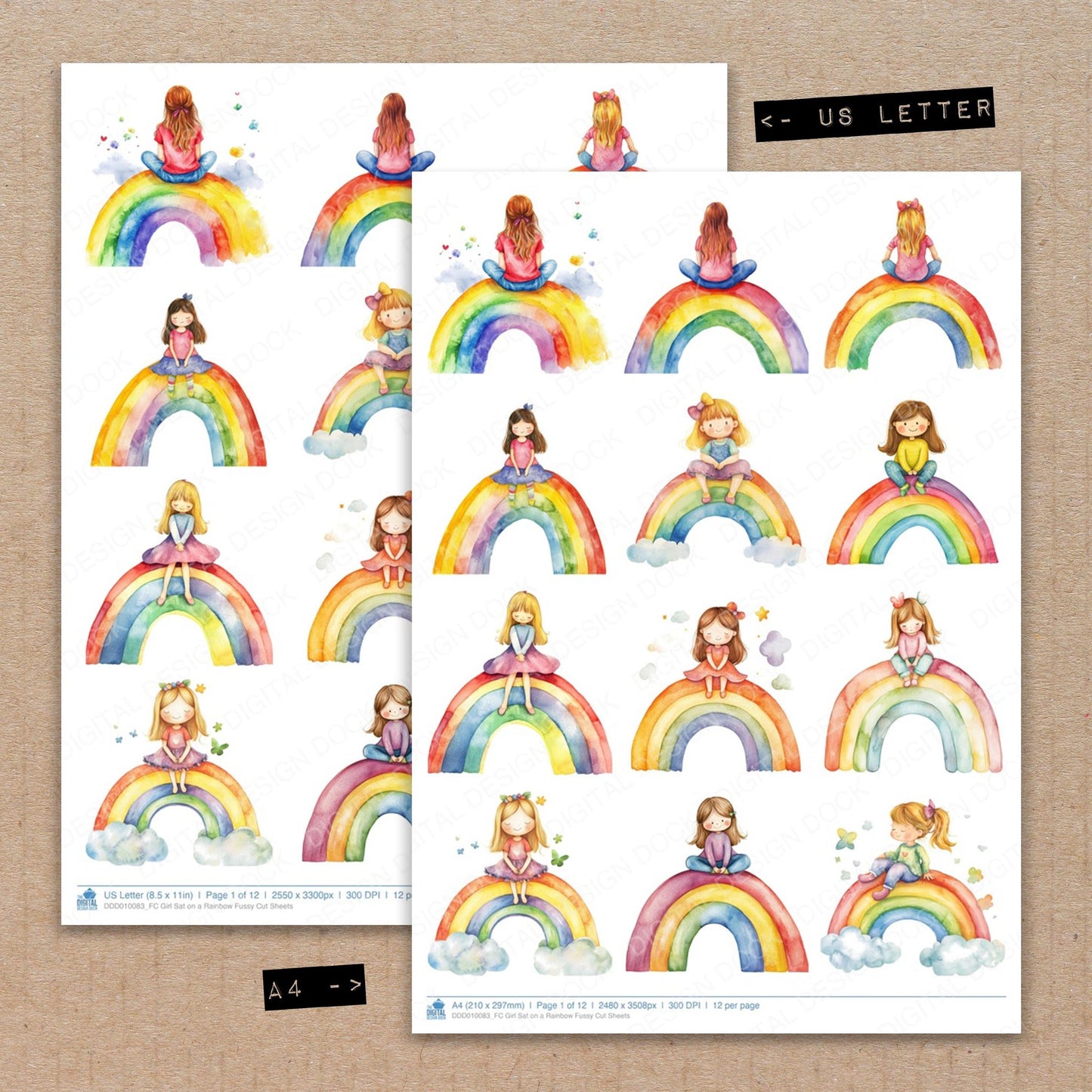 A4 and US Letter format comparison showing Girl Sat on a Rainbow fussy cut pages for print and cut crafting