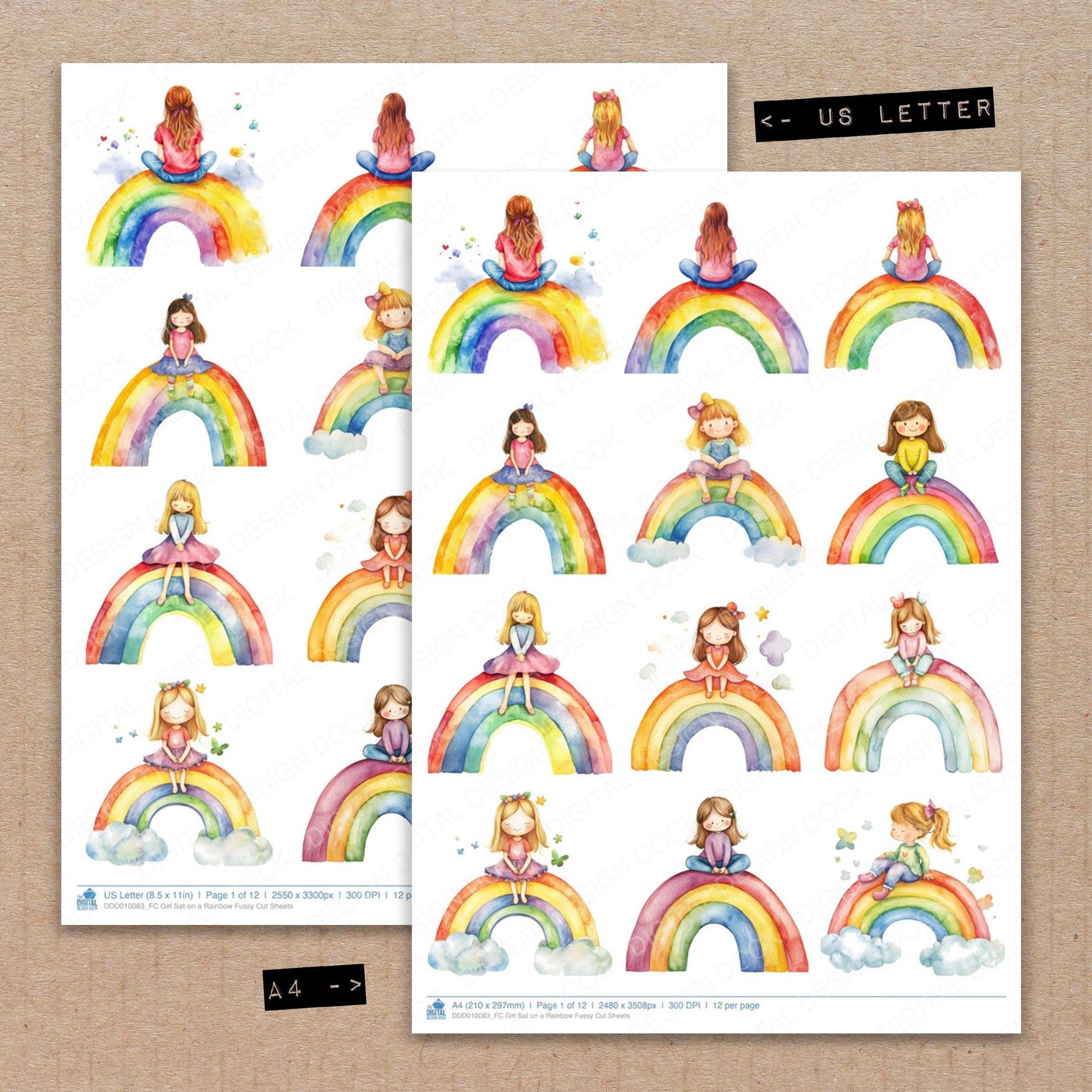 A4 and US Letter format comparison showing Girl Sat on a Rainbow fussy cut pages for print and cut crafting