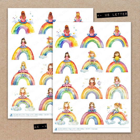 A4 and US Letter format comparison showing Girl Sat on a Rainbow fussy cut pages for print and cut crafting