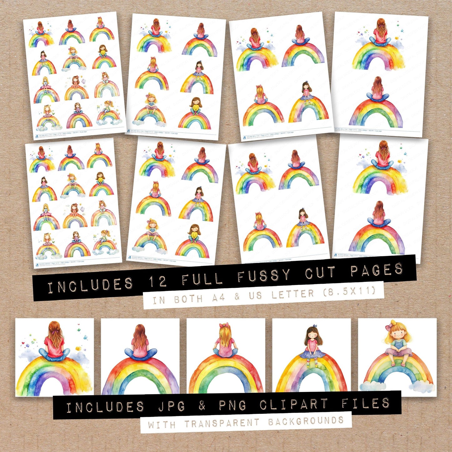 Full collection view of Girl Sat on a Rainbow fussy cut sheets with bonus clipart JPG and PNG files