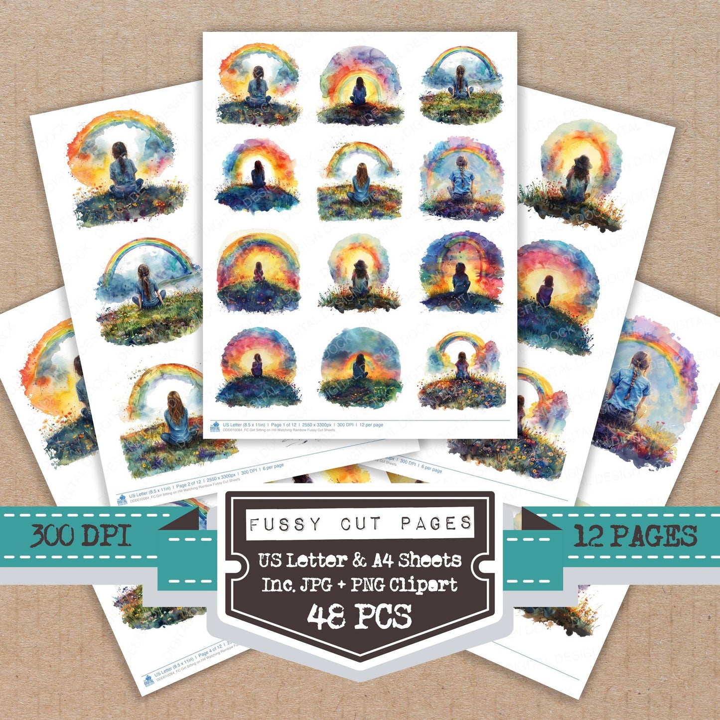 Girl Sitting on Hill Watching Rainbow fussy cut printable sheets for junk journaling, scrapbooking, and paper craft projects