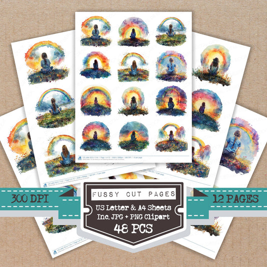 Girl Sitting on Hill Watching Rainbow fussy cut printable sheets for junk journaling, scrapbooking, and paper craft projects