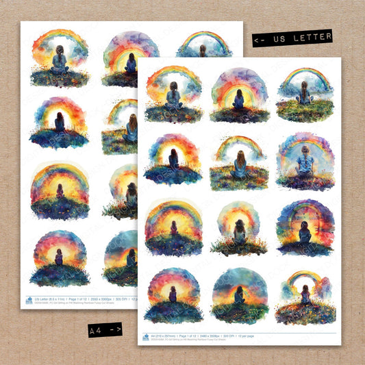 A4 and US Letter format comparison showing Girl Sitting on Hill Watching Rainbow fussy cut pages for print and cut crafting
