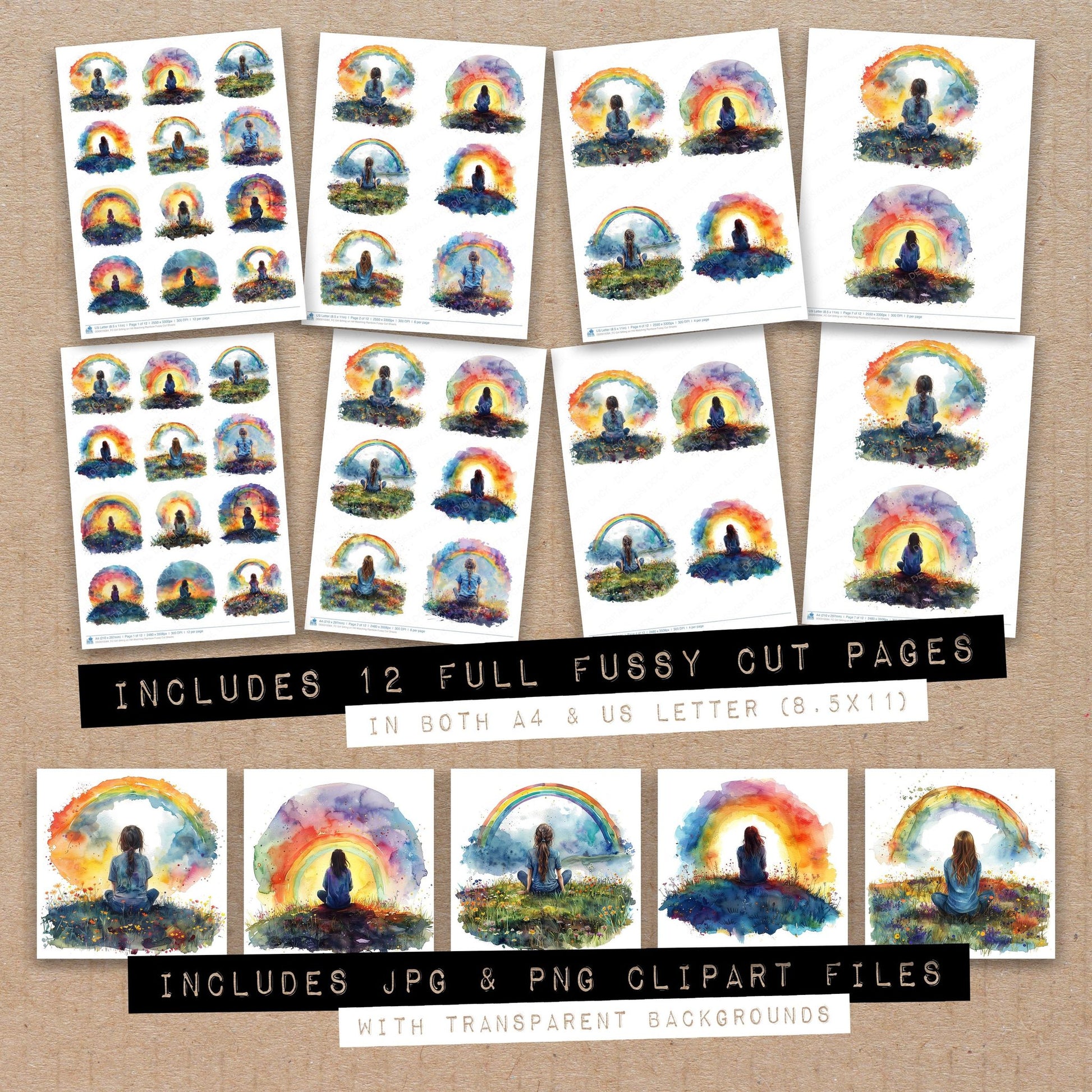 Full collection view of Girl Sitting on Hill Watching Rainbow fussy cut sheets with bonus clipart JPG and PNG files