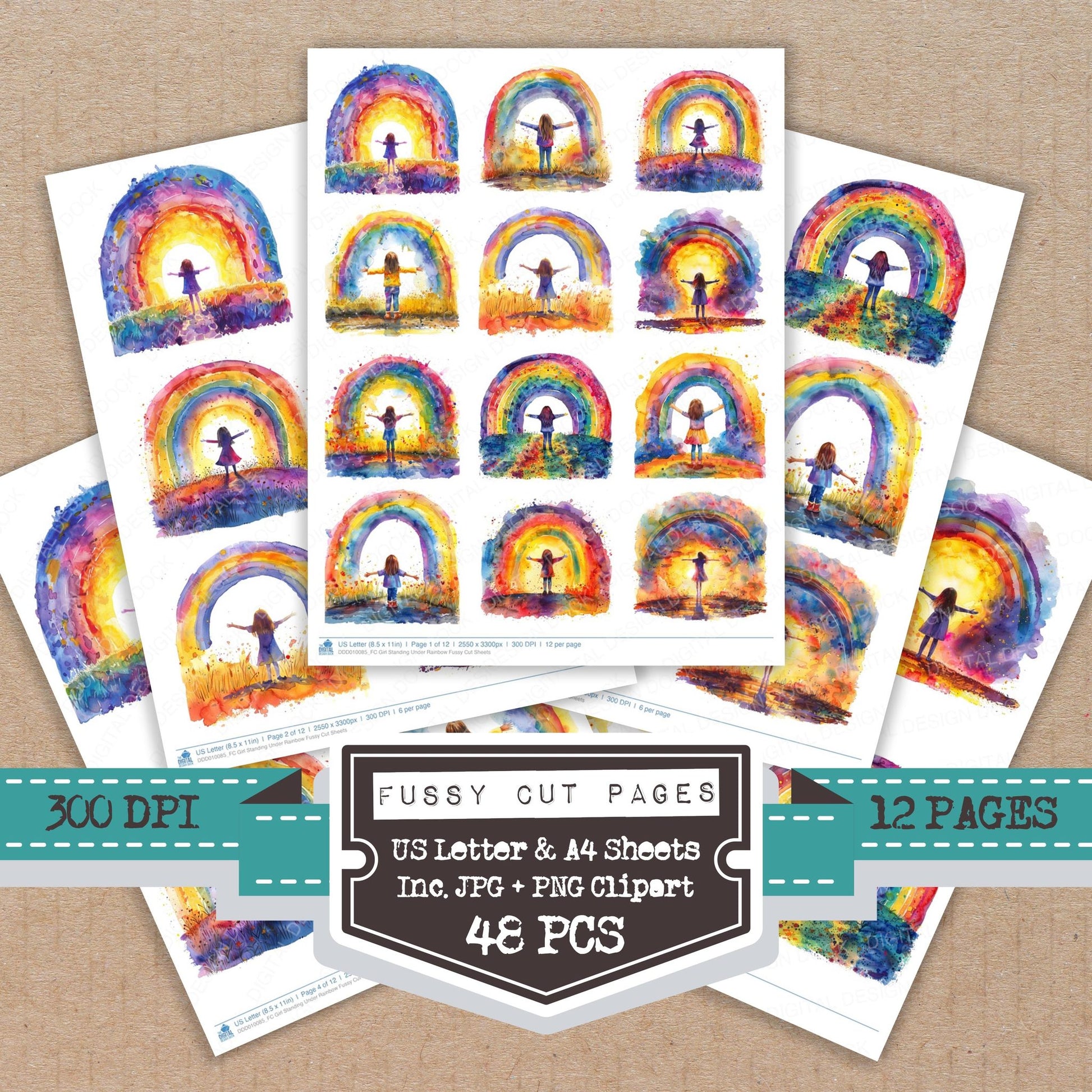 Girl Standing Under Rainbow fussy cut printable sheets for junk journaling, scrapbooking, and paper craft projects