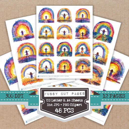 Girl Standing Under Rainbow fussy cut printable sheets for junk journaling, scrapbooking, and paper craft projects