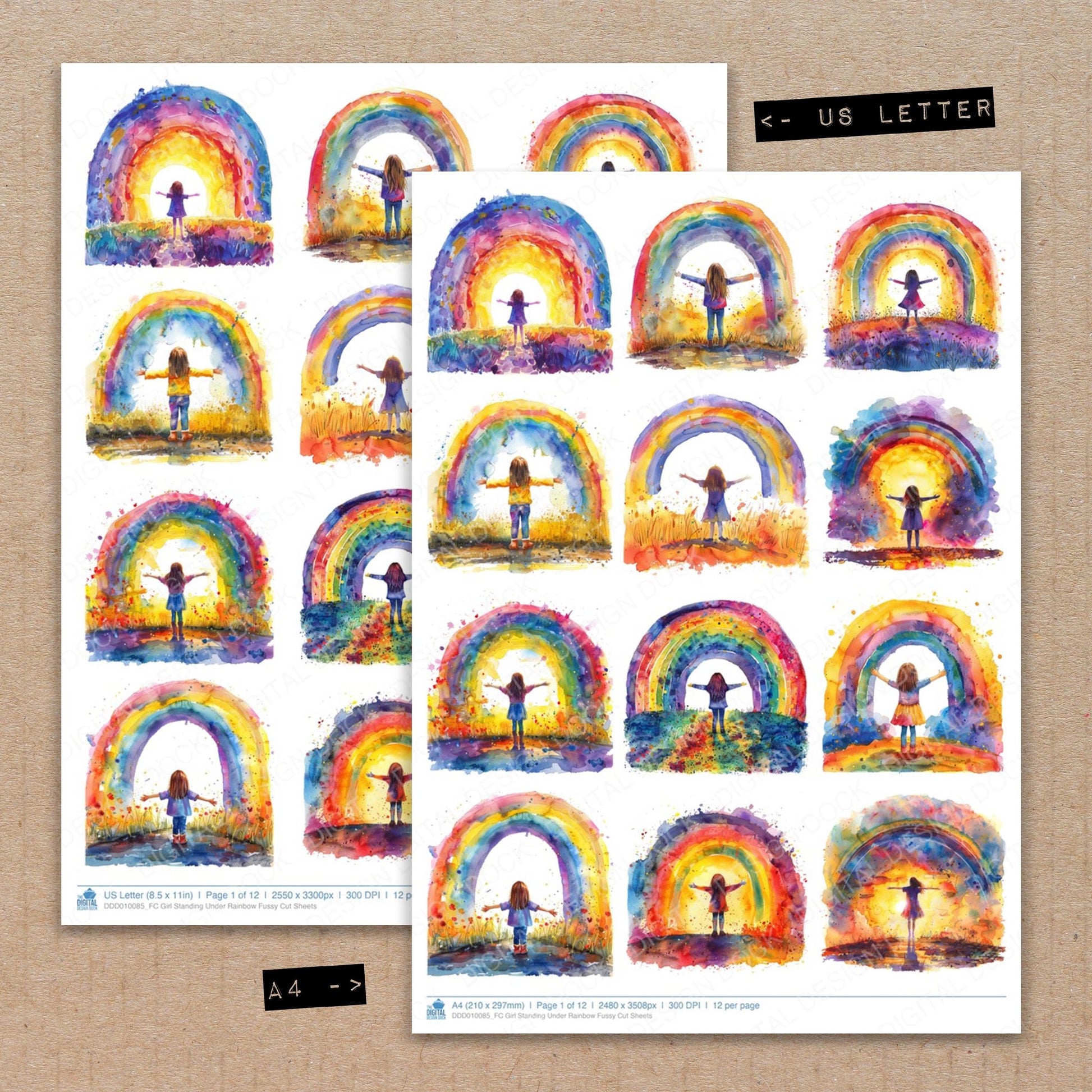 A4 and US Letter format comparison showing Girl Standing Under Rainbow fussy cut pages for print and cut crafting
