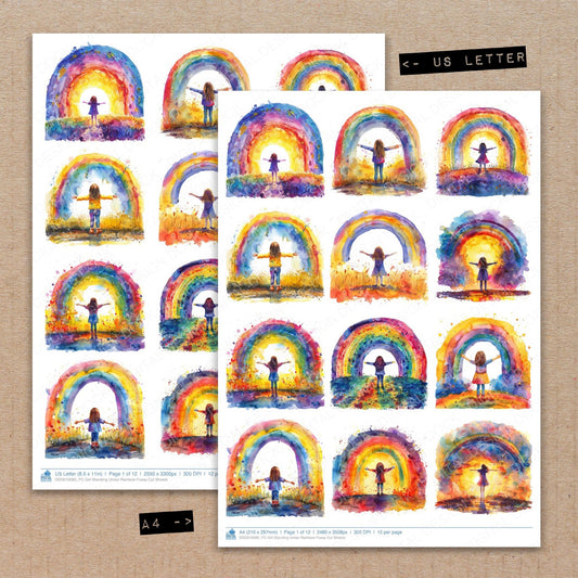 A4 and US Letter format comparison showing Girl Standing Under Rainbow fussy cut pages for print and cut crafting