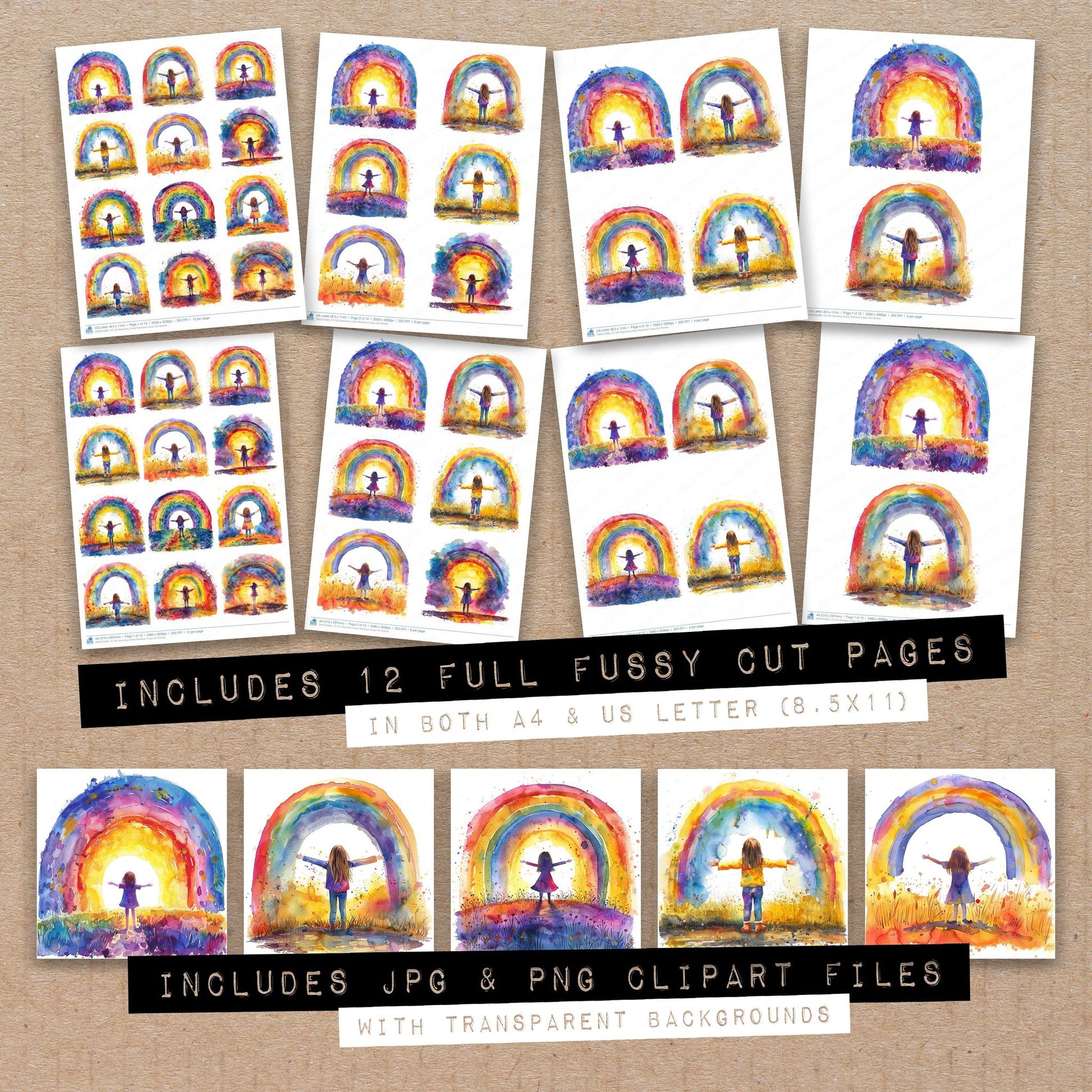 Full collection view of Girl Standing Under Rainbow fussy cut sheets with bonus clipart JPG and PNG files