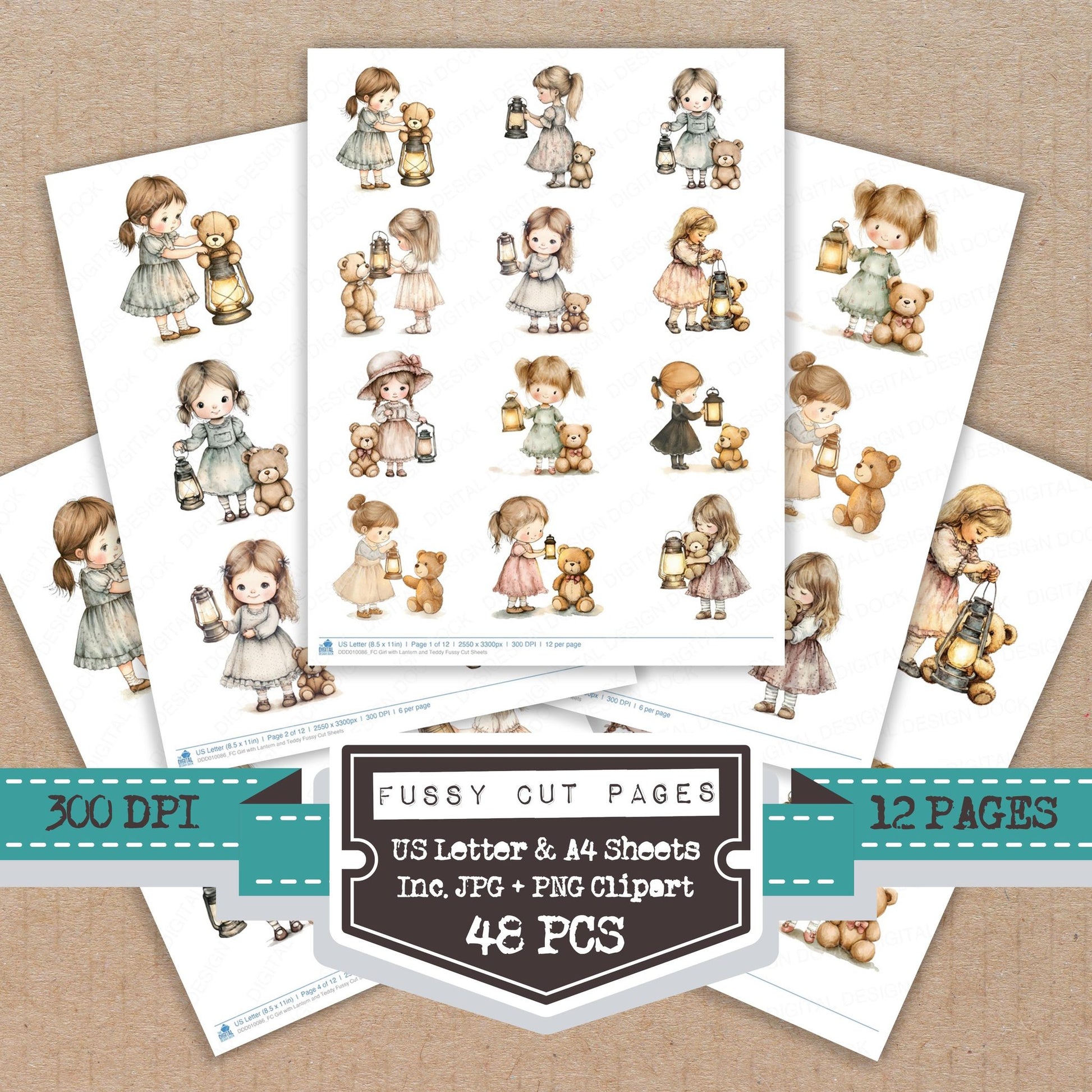 Girl with Lantern and Teddy fussy cut printable sheets for junk journaling, scrapbooking, and paper craft projects