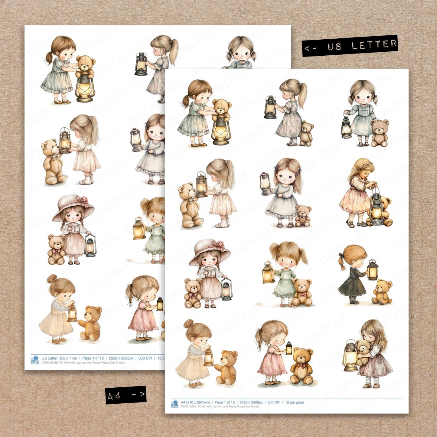 A4 and US Letter format comparison showing Girl with Lantern and Teddy fussy cut pages for print and cut crafting