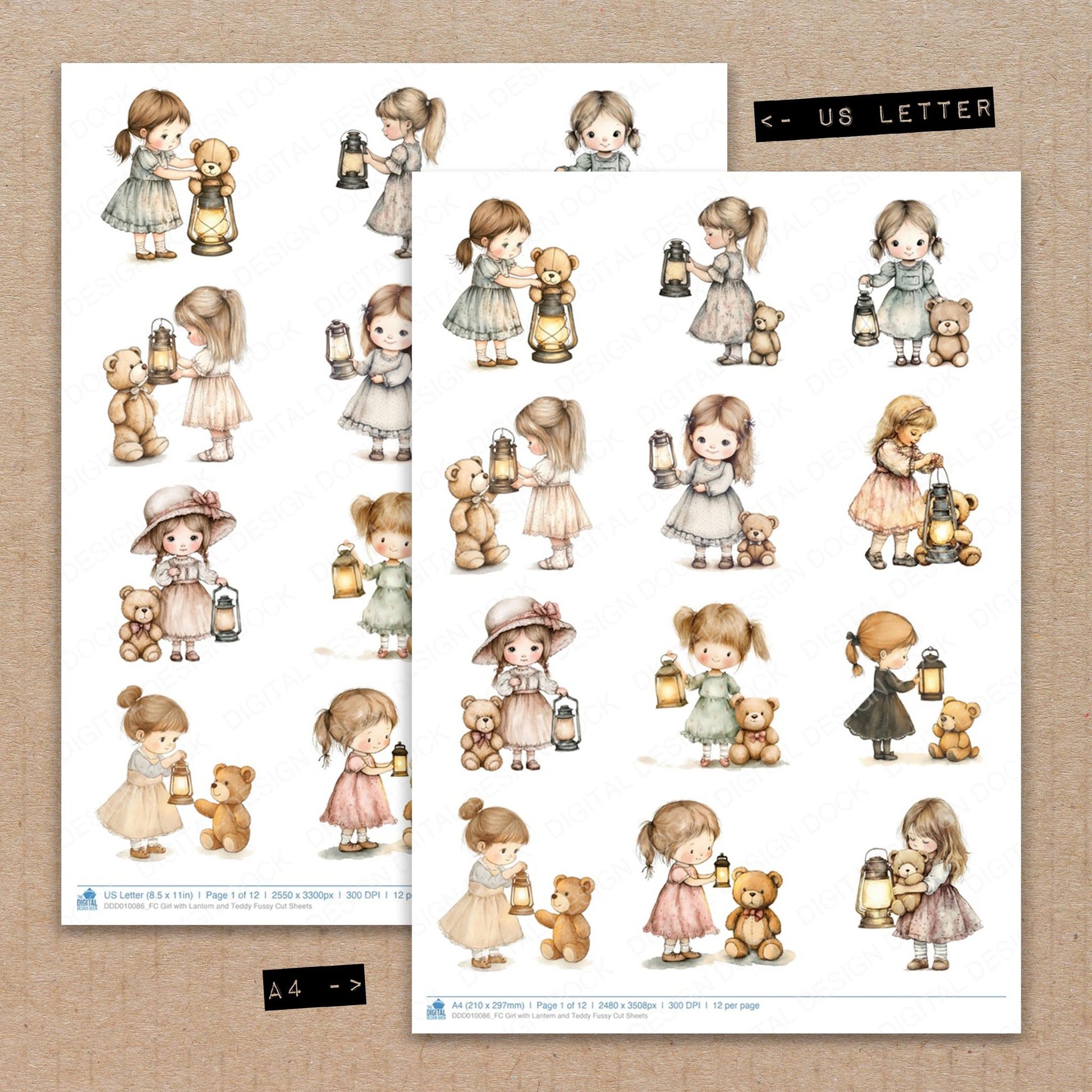A4 and US Letter format comparison showing Girl with Lantern and Teddy fussy cut pages for print and cut crafting