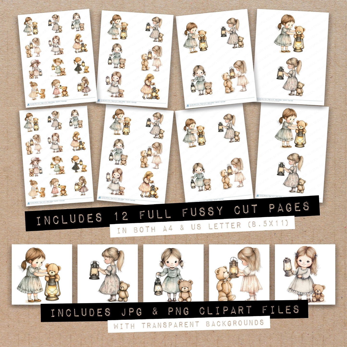 Full collection view of Girl with Lantern and Teddy fussy cut sheets with bonus clipart JPG and PNG files