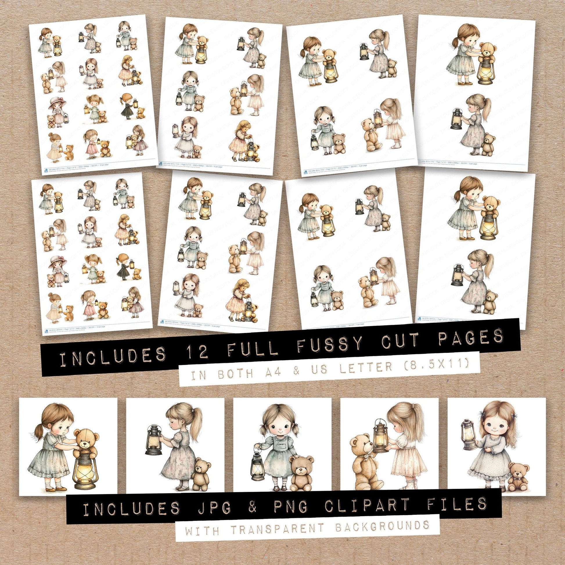 Full collection view of Girl with Lantern and Teddy fussy cut sheets with bonus clipart JPG and PNG files