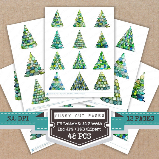 Glass Bottle Christmas Tree fussy cut printable sheets for junk journaling, scrapbooking, and paper craft projects