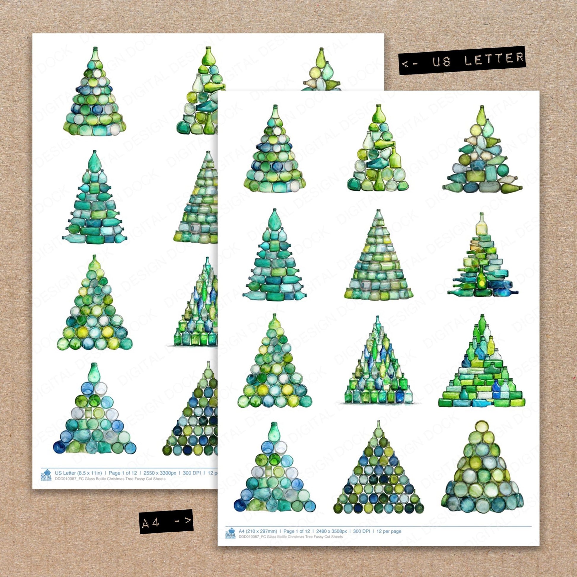A4 and US Letter format comparison showing Glass Bottle Christmas Tree fussy cut pages for print and cut crafting