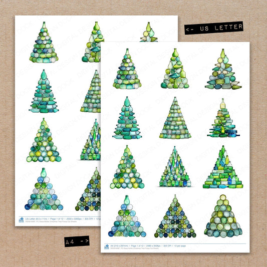 A4 and US Letter format comparison showing Glass Bottle Christmas Tree fussy cut pages for print and cut crafting