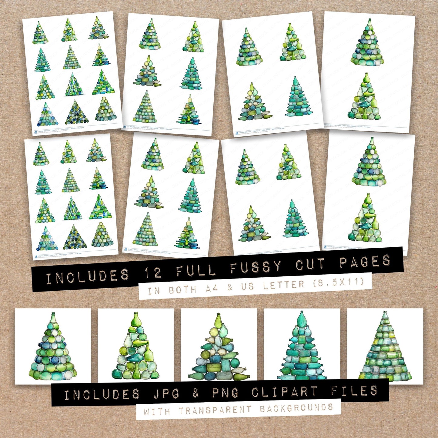 Full collection view of Glass Bottle Christmas Tree fussy cut sheets with bonus clipart JPG and PNG files