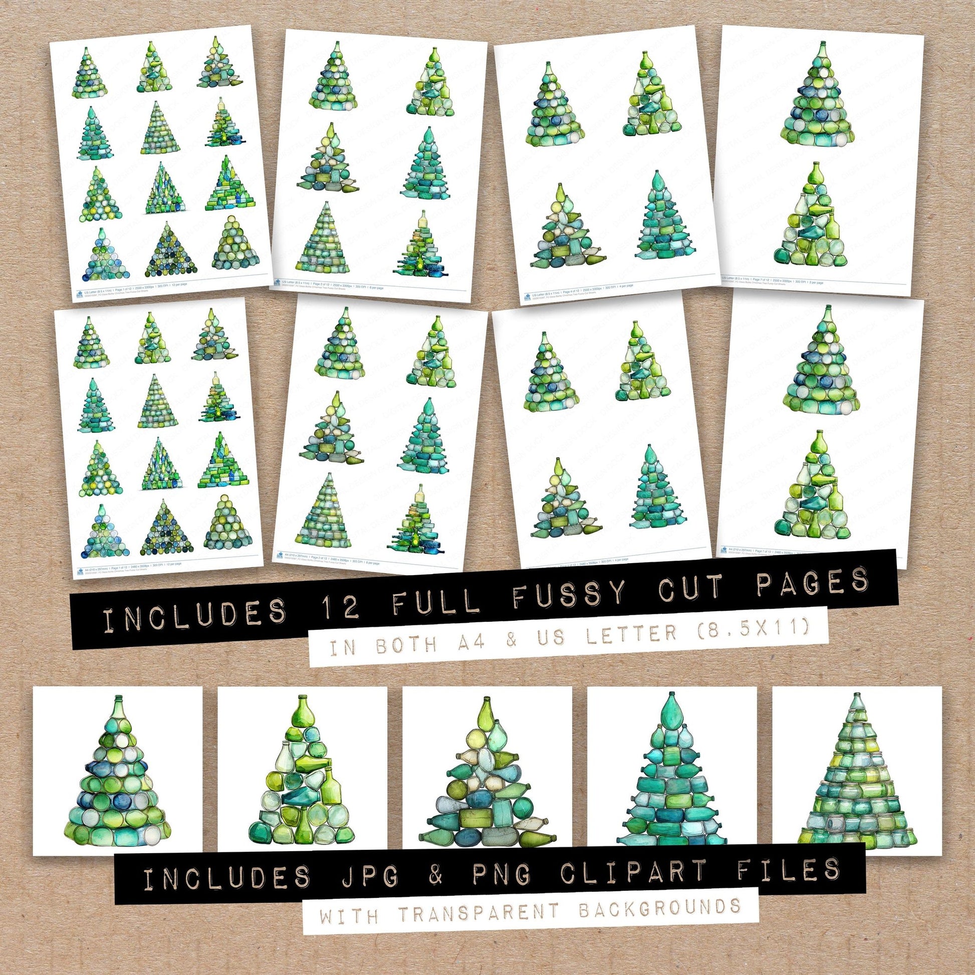Full collection view of Glass Bottle Christmas Tree fussy cut sheets with bonus clipart JPG and PNG files