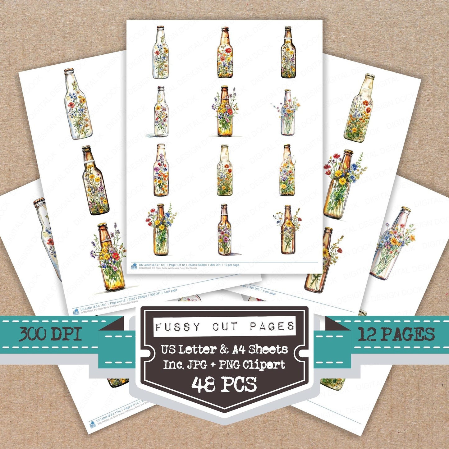 Glass Bottle Wildflowers Fussy Cut Sheets (DDD010088)