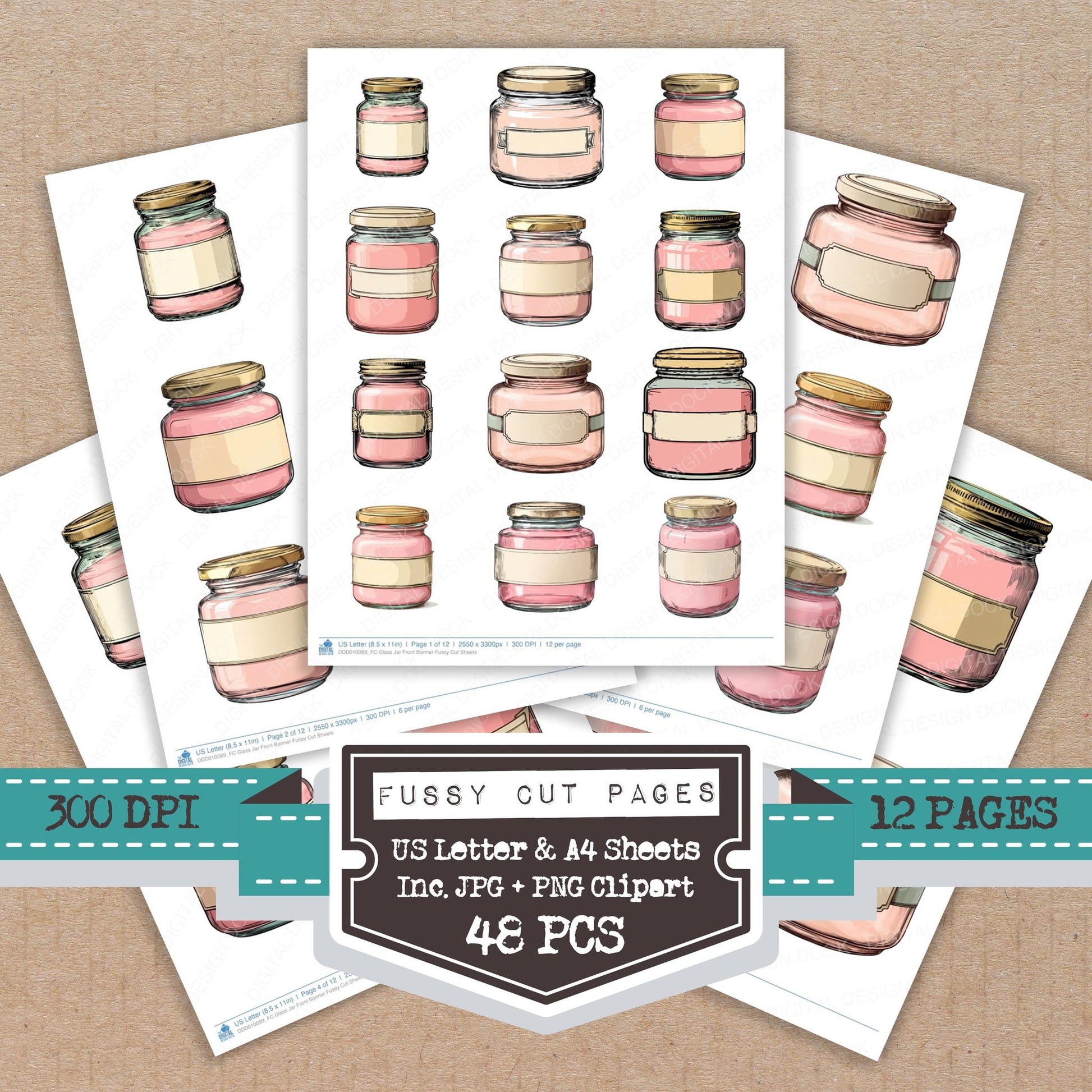 Glass Jar Front Banner fussy cut printable sheets for junk journaling, scrapbooking, and paper craft projects