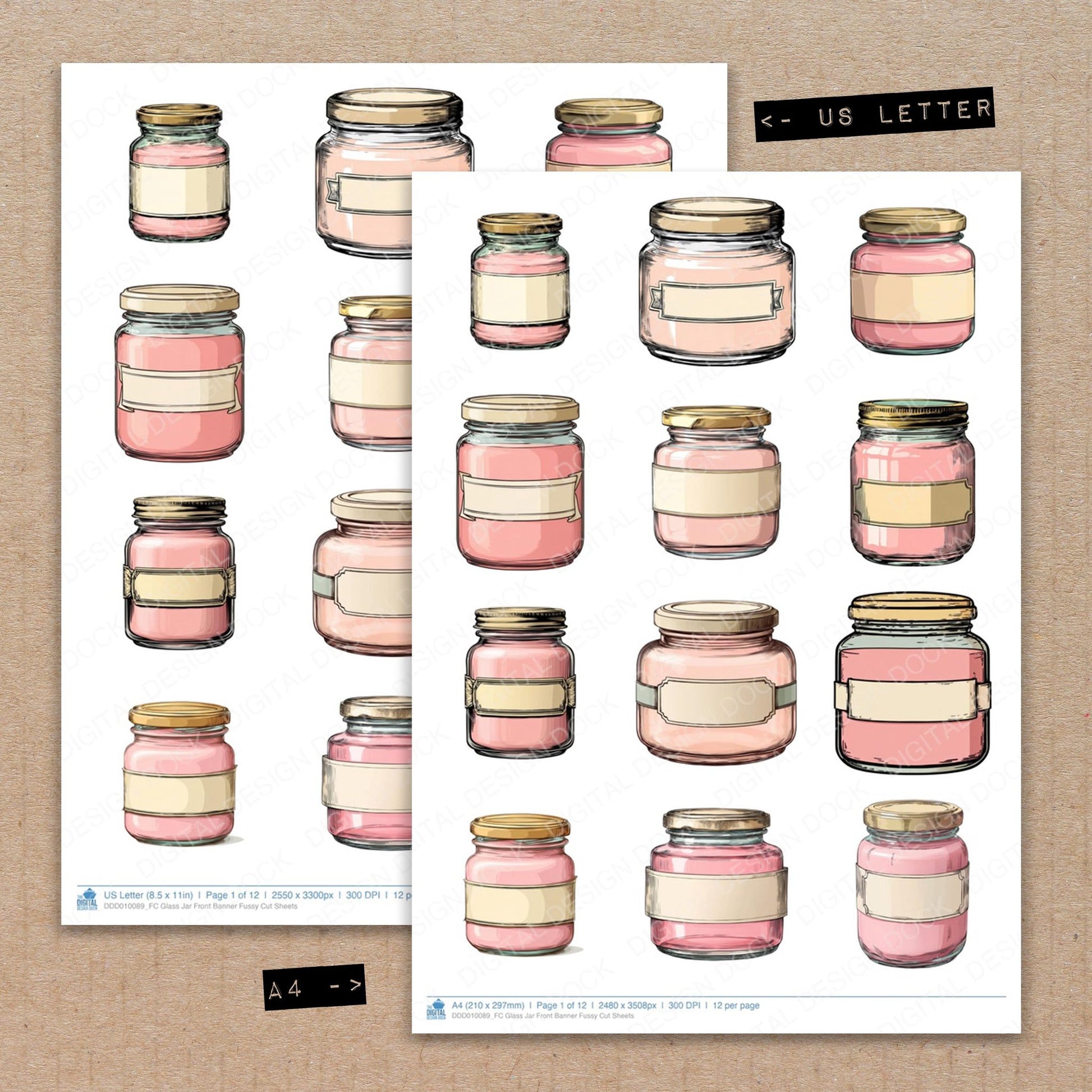 A4 and US Letter format comparison showing Glass Jar Front Banner fussy cut pages for print and cut crafting