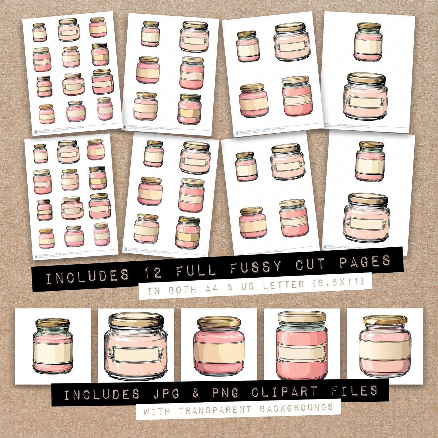 Full collection view of Glass Jar Front Banner fussy cut sheets with bonus clipart JPG and PNG files