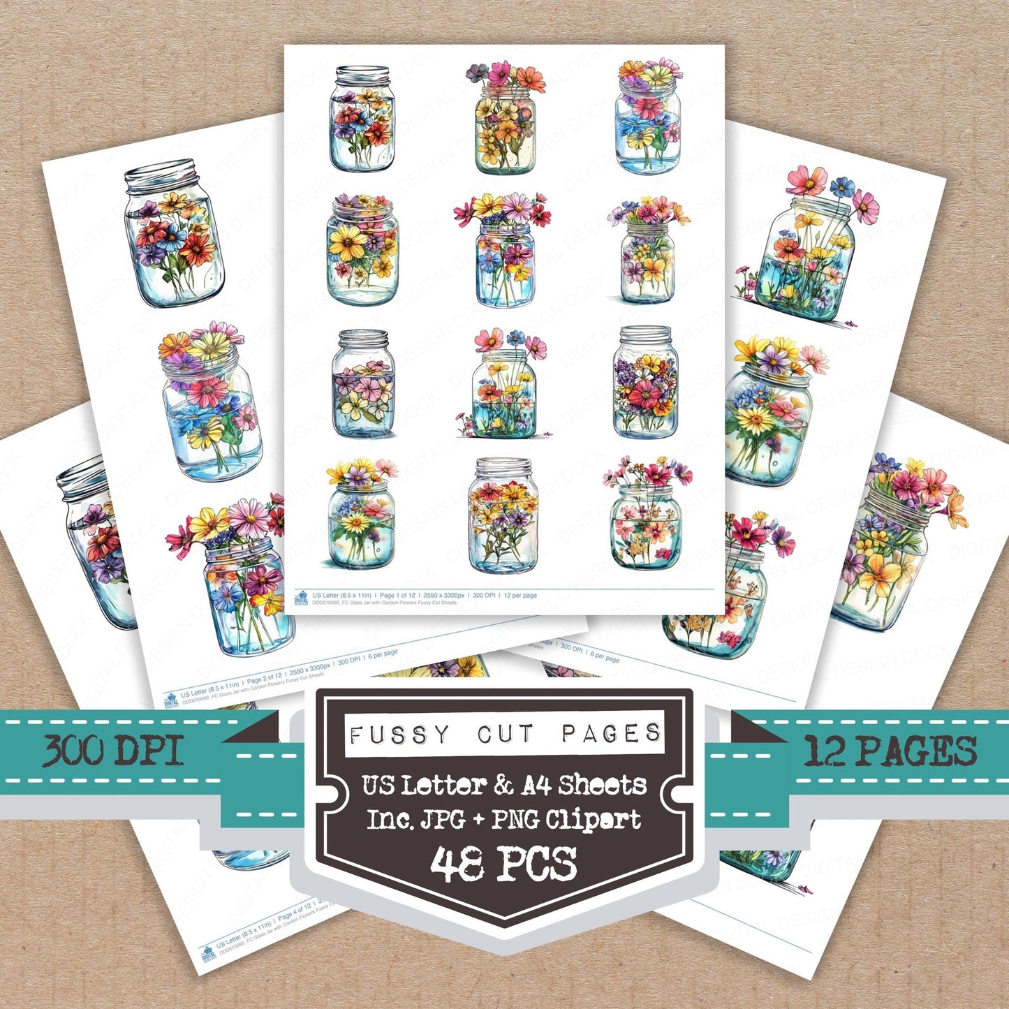 Glass Jar with Garden Flowers Fussy Cut Sheets (DDD010090)