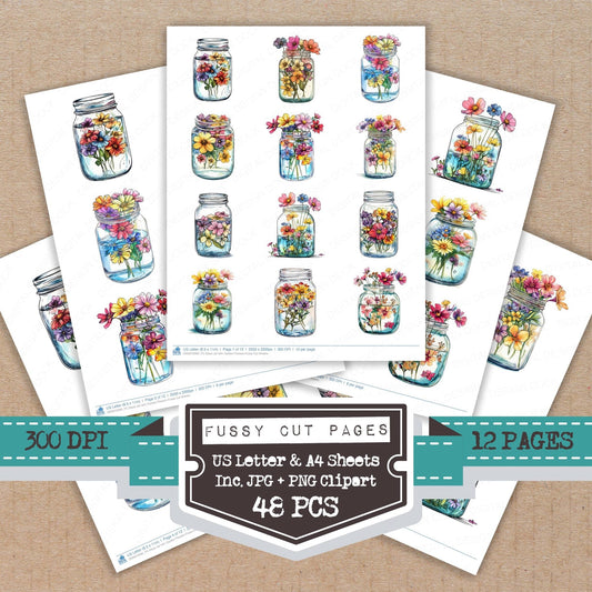 Glass Jar with Garden Flowers Fussy Cut Sheets (DDD010090)