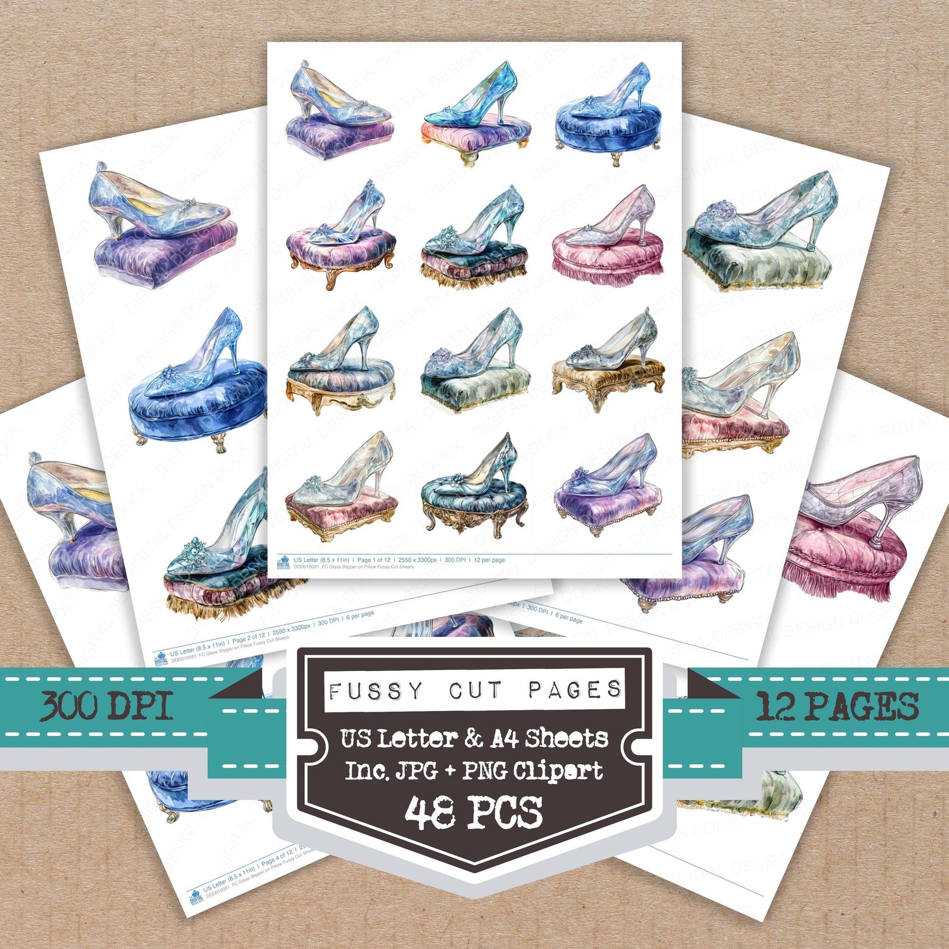 Glass Slipper on Pillow fussy cut printable sheets for junk journaling, scrapbooking, and paper craft projects