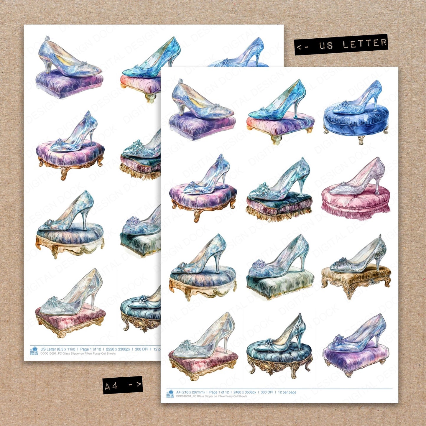A4 and US Letter format comparison showing Glass Slipper on Pillow fussy cut pages for print and cut crafting
