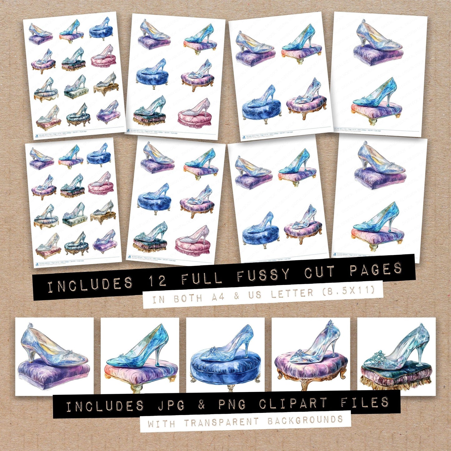 Full collection view of Glass Slipper on Pillow fussy cut sheets with bonus clipart JPG and PNG files