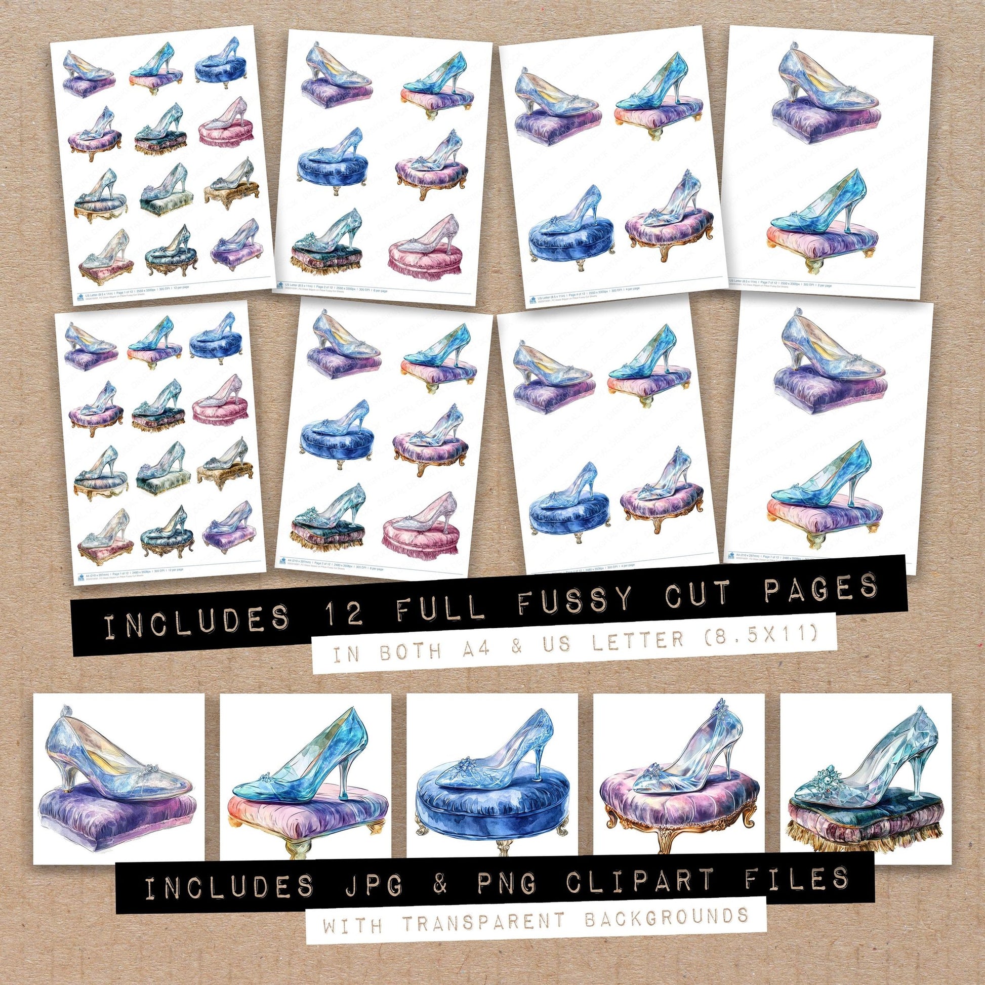 Full collection view of Glass Slipper on Pillow fussy cut sheets with bonus clipart JPG and PNG files
