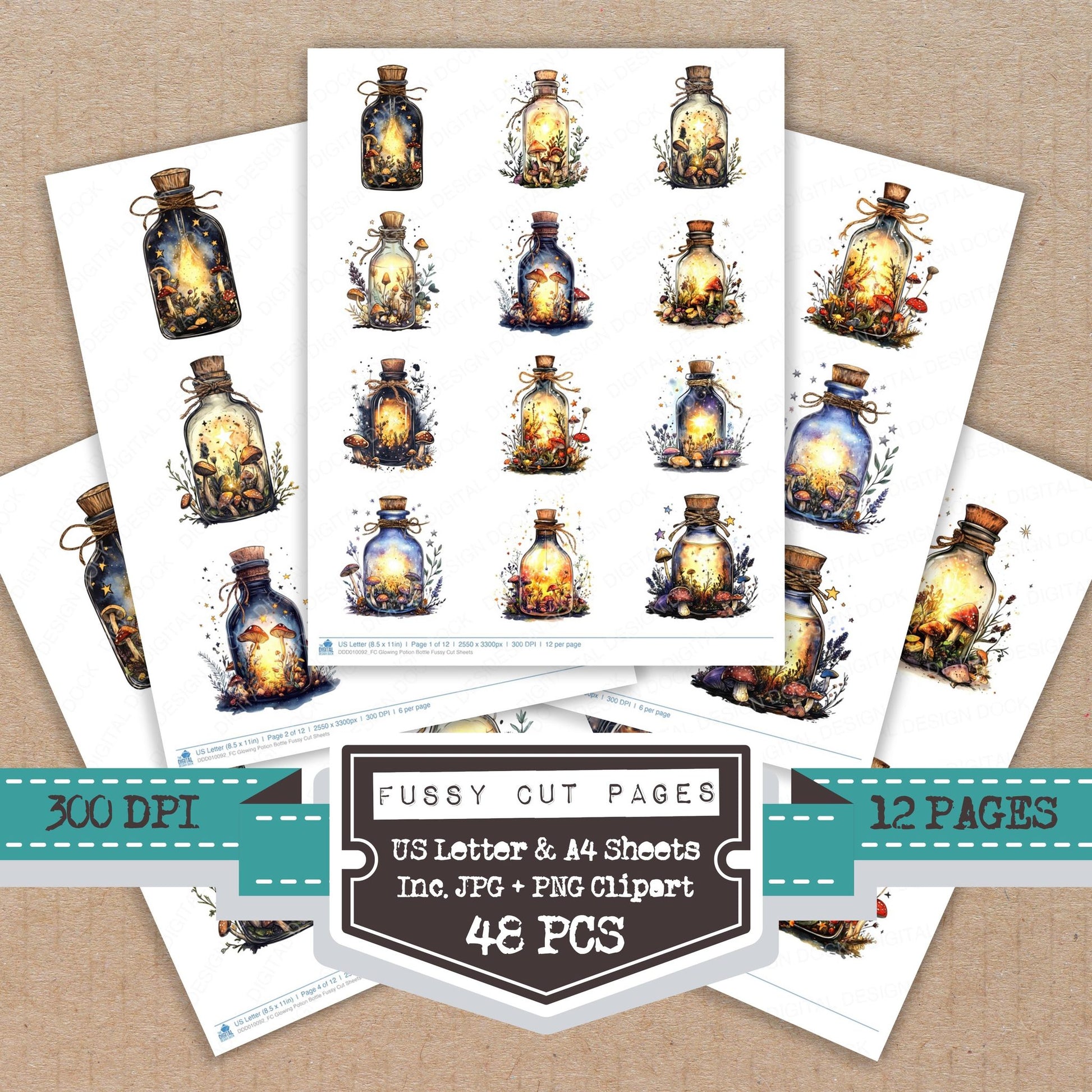 Glowing Potion Bottle fussy cut printable sheets for junk journaling, scrapbooking, and paper craft projects