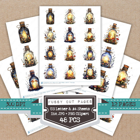 Glowing Potion Bottle fussy cut printable sheets for junk journaling, scrapbooking, and paper craft projects