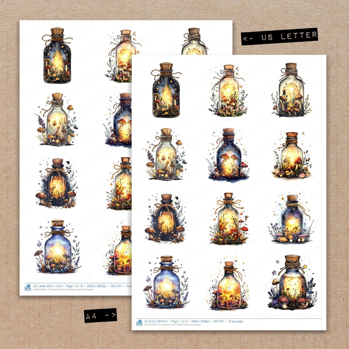 A4 and US Letter format comparison showing Glowing Potion Bottle fussy cut pages for print and cut crafting