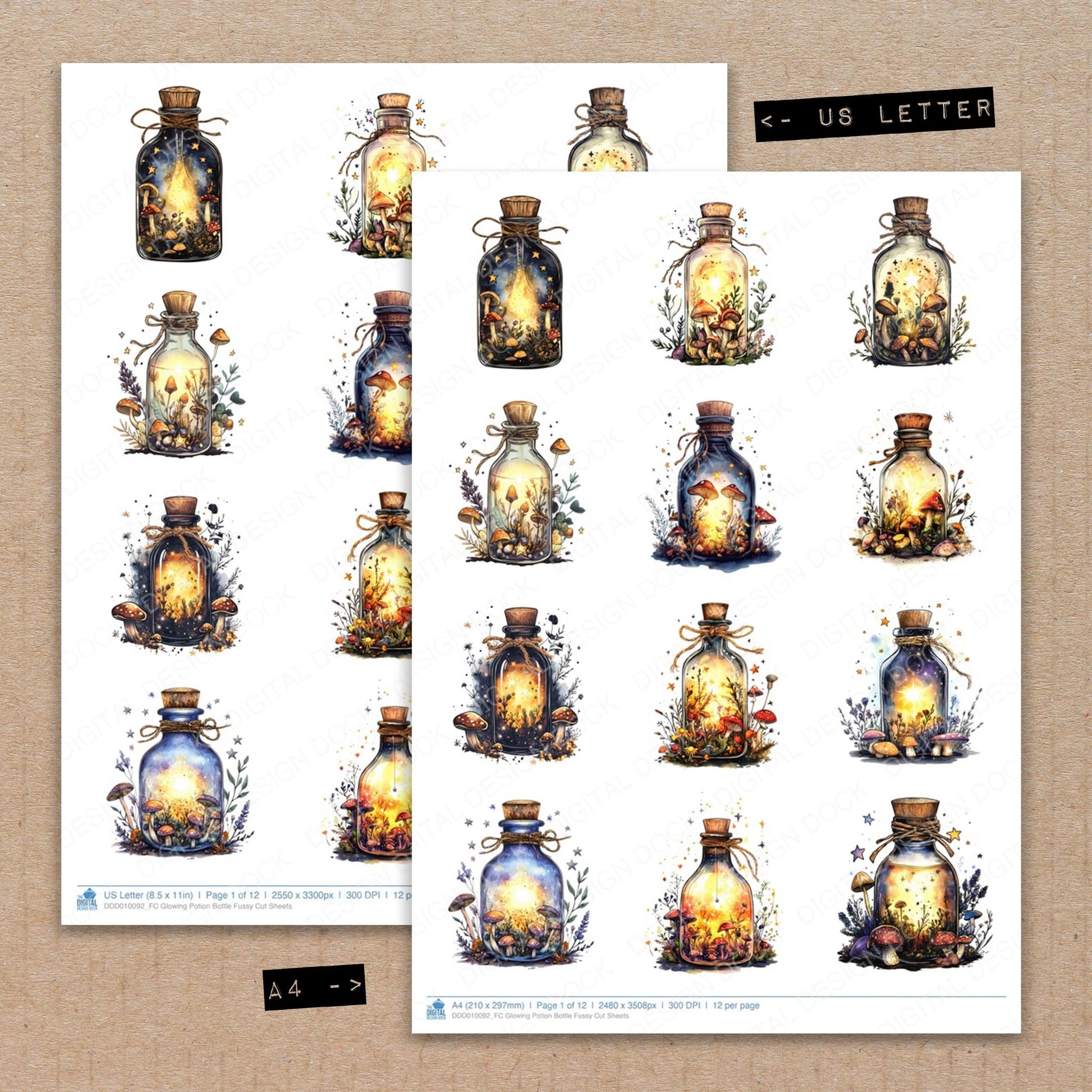 A4 and US Letter format comparison showing Glowing Potion Bottle fussy cut pages for print and cut crafting